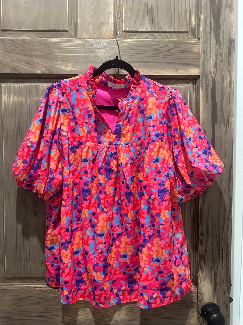 Chic Soul Bright Pink Multi-Color Floral Puff-Sleeve Blouse